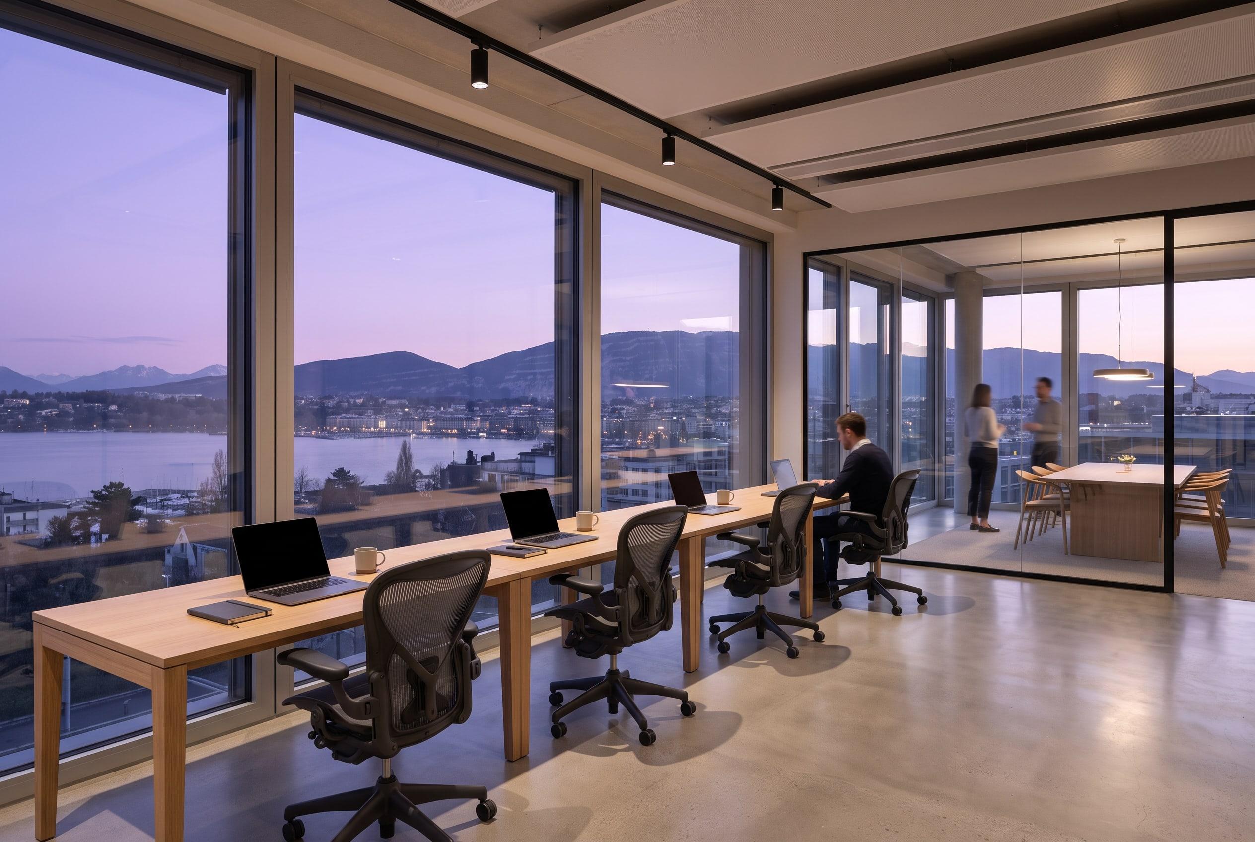 Bureau lumineux et impeccable au crépuscule, vue sur le lac
