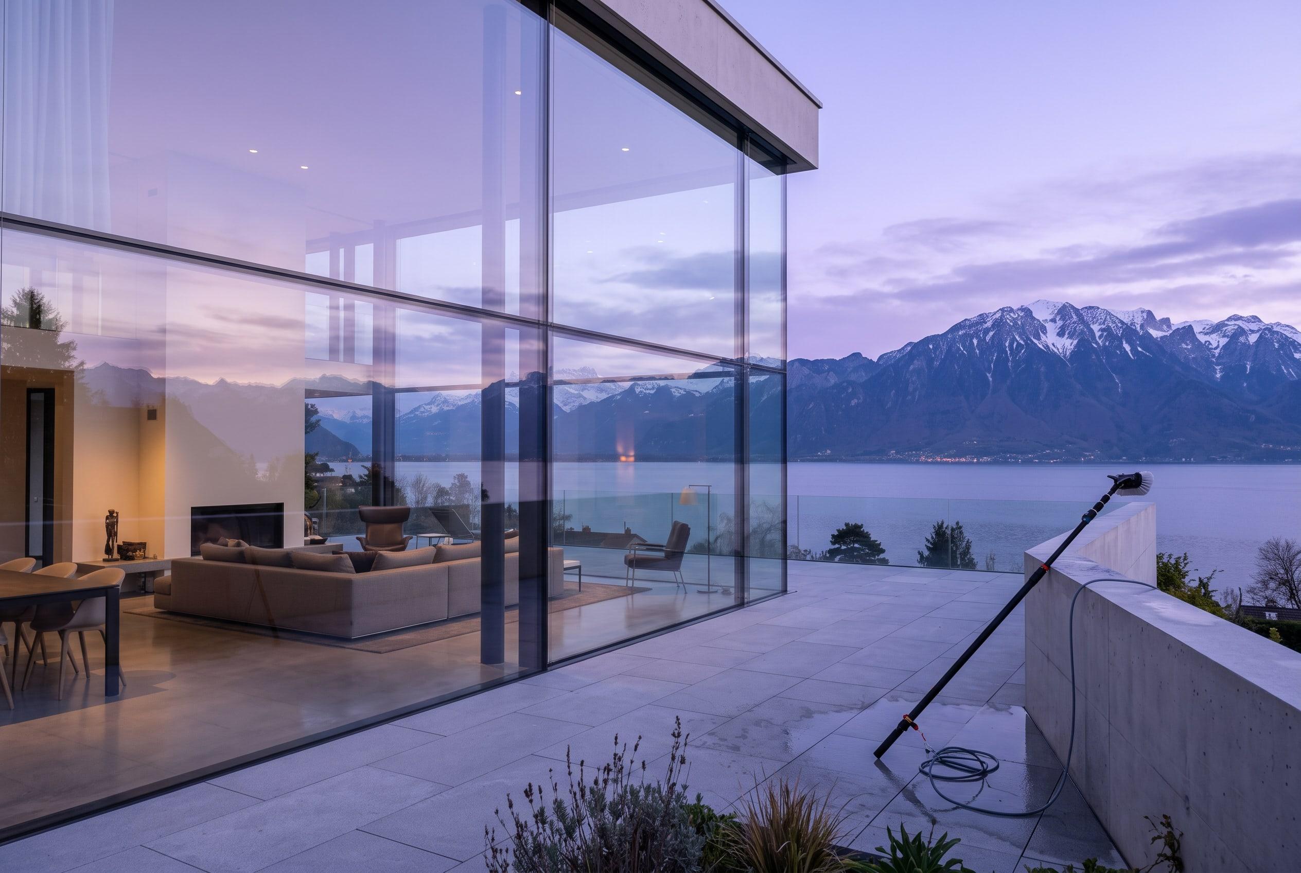 Grande baie vitrée impeccable donnant sur le lac Léman au crépuscule